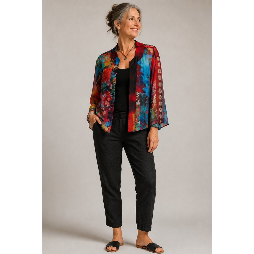 Chicos Silk Patchwork Open Front Jacket Sheer Floral Colorful Small‎ Art to Wear